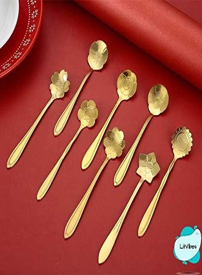 LitVibes Kitchen Dinner Dining Tableware,Cutlery Dessert Spoon,Coffee,Sugar,Mixing,Tea,Stirring,Cake And Ice Cream Spoon,Stir Bar Gold Flower Stainless Steel Spoon-Set Of 6(Random),13 Centimeters - Image 5